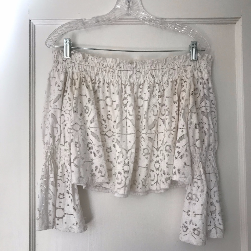 Lace Off the Shoulder Top with Bell Sleeves